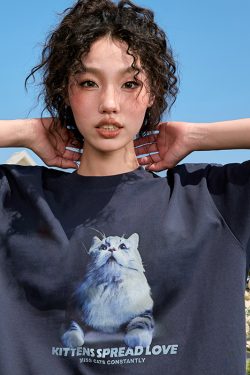 Trendy Cat Print Short Sleeve T-Shirt for Couples, American Vintage Loose Fit, Unisex Summer Style 2025, Y2K Aesthetic