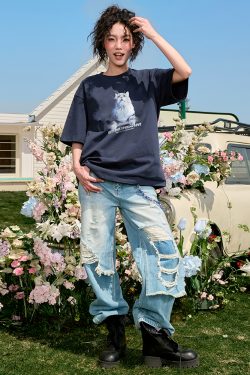 Trendy Cat Print Short Sleeve T-Shirt for Couples, American Vintage Loose Fit, Unisex Summer Style 2025, Y2K Aesthetic