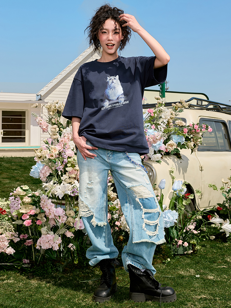 Trendy Cat Print Short Sleeve T-Shirt for Couples, American Vintage Loose Fit, Unisex Summer Style 2025, Y2K Aesthetic Trendy Cat Print Short Sleeve T-Shirt for Couples, American Vintage Loose Fit, Unisex Summer Style 2025, Y2K Aesthetic