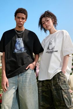 Trendy Cat Print Short Sleeve T-Shirt for Couples, American Vintage Loose Fit, Unisex Summer Style 2025, Y2K Aesthetic