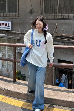 Trendy Couple Long Sleeve T-Shirt, Spring Autumn Plaid Floral Patchwork Embroidered, Loose Fit, Y2K Style