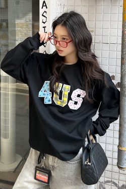 Trendy Couple Long Sleeve T-Shirt, Spring Autumn Plaid Floral Patchwork Embroidered, Loose Fit, Y2K Style