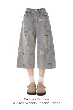 Trendy Cropped Ripped Denim Pants for Women, Hip Hop Style with Bear Embroidery, Summer 2025 Loose Fit Fashion