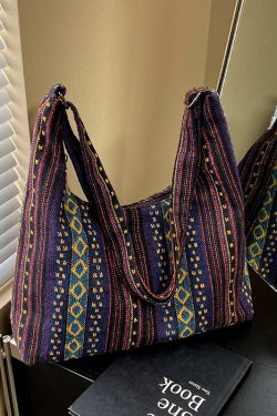 Trendy Ethnic Style Canvas Shoulder Bag for Women - Large Capacity Crossbody Tote for Commuting and Daily Use, 2025 Fashion