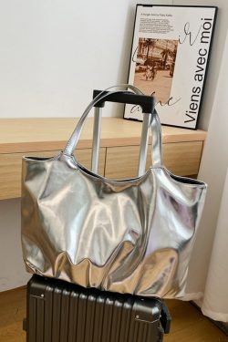 Trendy Korean-Style Silver Tote Bag for Women - Large Capacity Shoulder Bag for Class and Commuting, Perfect for 2025