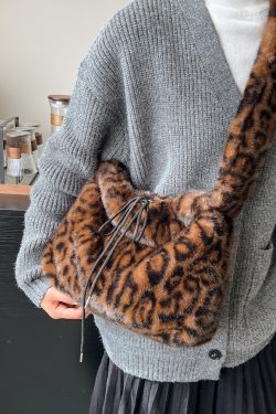 Trendy Leopard Print Fluffy Women's Shoulder Bag, 2025 Summer Large Capacity Tote and Crossbody Bag for Commuting