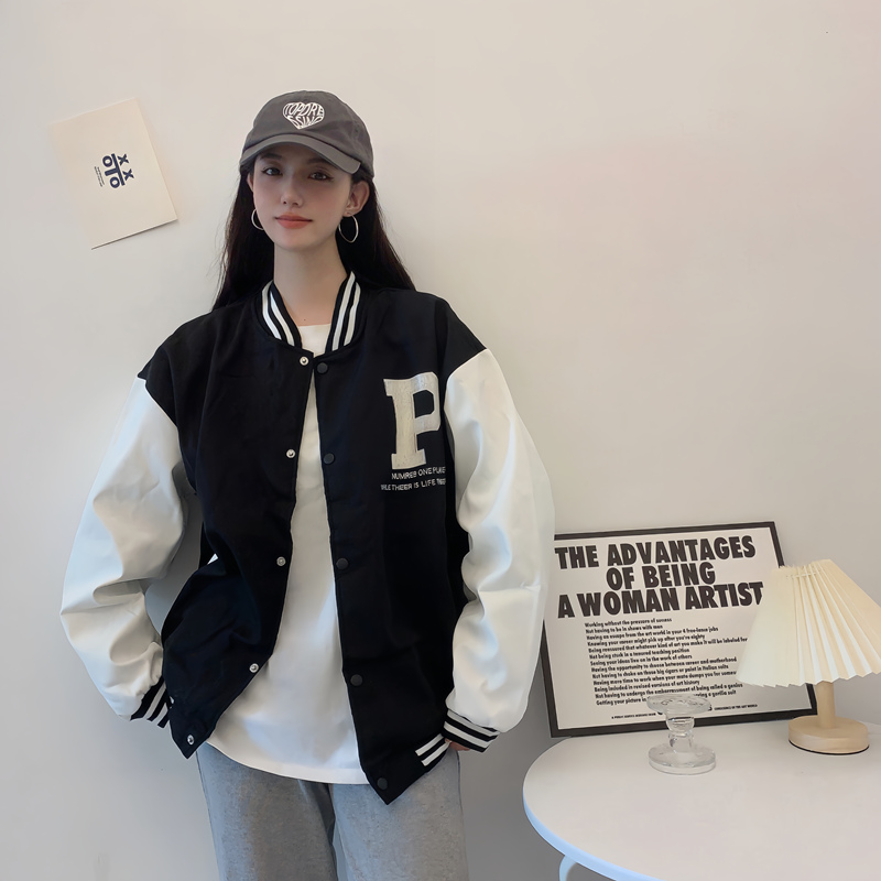 Trendy Loose Casual Baseball Jacket for Women - Spring Versatile Style for Students, Chic Everyday Wear Trendy Loose Casual Baseball Jacket for Women - Spring Versatile Style for Students, Chic Everyday Wear
