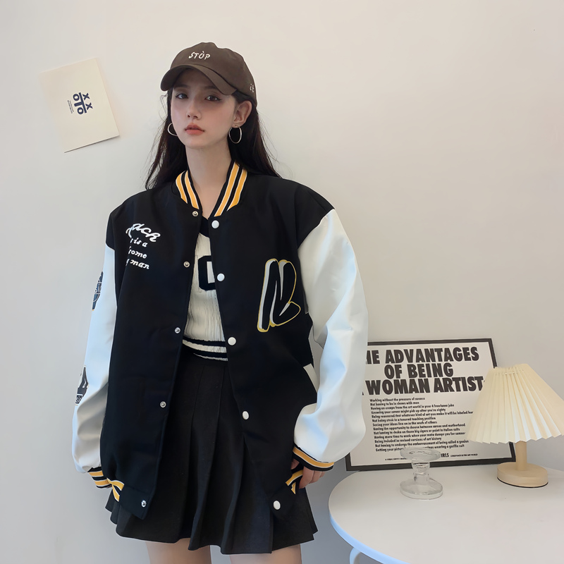 Trendy Loose Casual Baseball Jacket for Women - Spring Versatile Style for Students, Chic Everyday Wear Trendy Loose Casual Baseball Jacket for Women - Spring Versatile Style for Students, Chic Everyday Wear