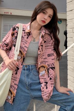 Trendy Loose-Fit Cartoon Print Short Sleeve Shirt for Summer - Versatile Hong Kong Style Top for Niche Girls and Students