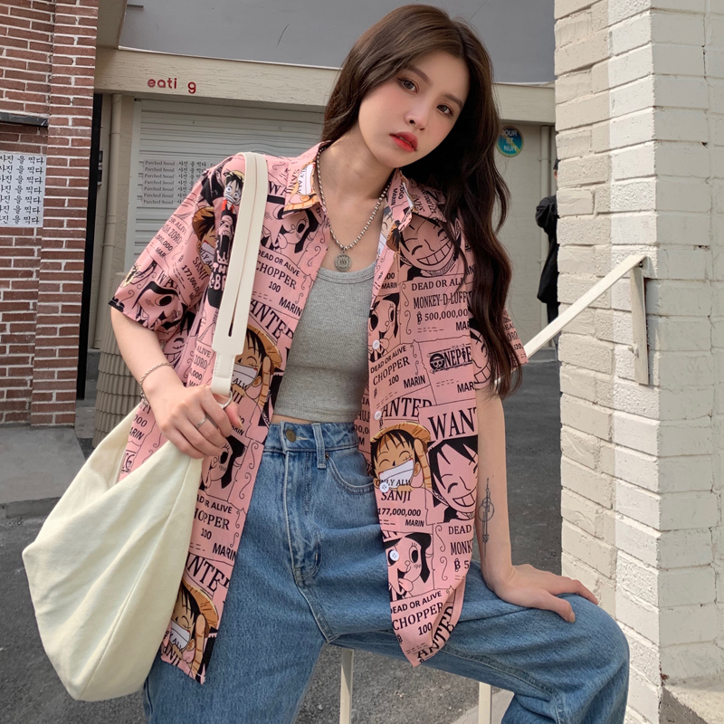 Trendy Loose-Fit Cartoon Print Short Sleeve Shirt for Summer - Versatile Hong Kong Style Top for Niche Girls and Students Trendy Loose-Fit Cartoon Print Short Sleeve Shirt for Summer - Versatile Hong Kong Style Top for Niche Girls and Students