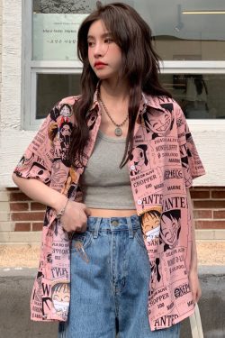 Trendy Loose-Fit Cartoon Print Short Sleeve Shirt for Summer - Versatile Hong Kong Style Top for Niche Girls and Students