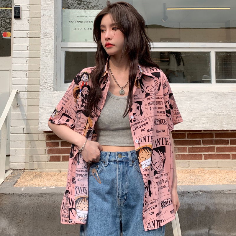 Trendy Loose-Fit Cartoon Print Short Sleeve Shirt for Summer - Versatile Hong Kong Style Top for Niche Girls and Students Trendy Loose-Fit Cartoon Print Short Sleeve Shirt for Summer - Versatile Hong Kong Style Top for Niche Girls and Students