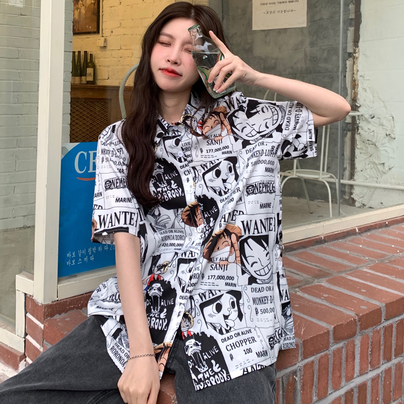 Trendy Loose-Fit Cartoon Print Short Sleeve Shirt for Summer - Versatile Hong Kong Style Top for Niche Girls and Students Trendy Loose-Fit Cartoon Print Short Sleeve Shirt for Summer - Versatile Hong Kong Style Top for Niche Girls and Students