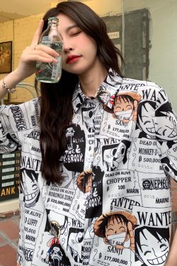 Trendy Loose-Fit Cartoon Print Short Sleeve Shirt for Summer - Versatile Hong Kong Style Top for Niche Girls and Students