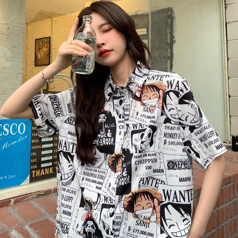 Trendy Loose-Fit Cartoon Print Short Sleeve Shirt for Summer - Versatile Hong Kong Style Top for Niche Girls and Students Trendy Loose-Fit Cartoon Print Short Sleeve Shirt for Summer - Versatile Hong Kong Style Top for Niche Girls and Students
