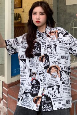 Trendy Loose-Fit Cartoon Print Short Sleeve Shirt for Summer - Versatile Hong Kong Style Top for Niche Girls and Students