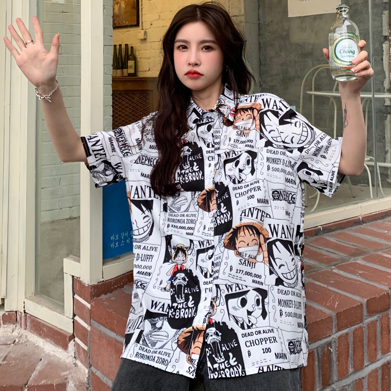 Trendy Loose-Fit Cartoon Print Short Sleeve Shirt for Summer - Versatile Hong Kong Style Top for Niche Girls and Students Trendy Loose-Fit Cartoon Print Short Sleeve Shirt for Summer - Versatile Hong Kong Style Top for Niche Girls and Students