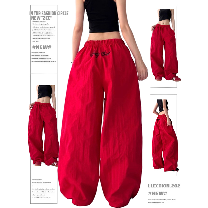 Trendy Red Women's Street Jazz Dance Cargo Pants with Embroidery and Drawstring - Casual Style for 2023 Trendy Red Women's Street Jazz Dance Cargo Pants with Embroidery and Drawstring - Casual Style for 2023
