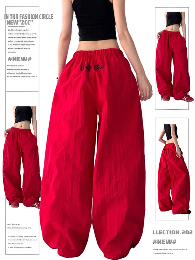 Trendy Red Women's Street Jazz Dance Cargo Pants with Embroidery and Drawstring - Casual Style for 2023 Trendy Red Women's Street Jazz Dance Cargo Pants with Embroidery and Drawstring - Casual Style for 2023