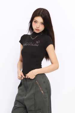 Trendy Rhinestone Letter Half-High Collar Short Sleeve T-Shirt for Women - Summer Slim Fit American Style Top