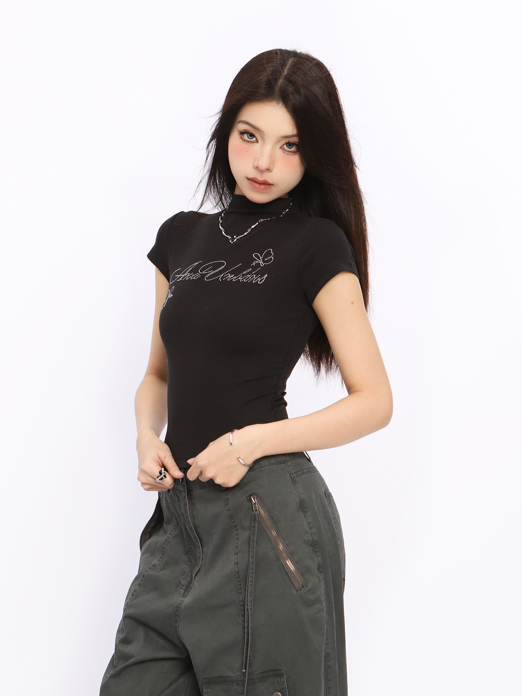 Trendy Rhinestone Letter Half-High Collar Short Sleeve T-Shirt for Women - Summer Slim Fit American Style Top Trendy Rhinestone Letter Half-High Collar Short Sleeve T-Shirt for Women - Summer Slim Fit American Style Top