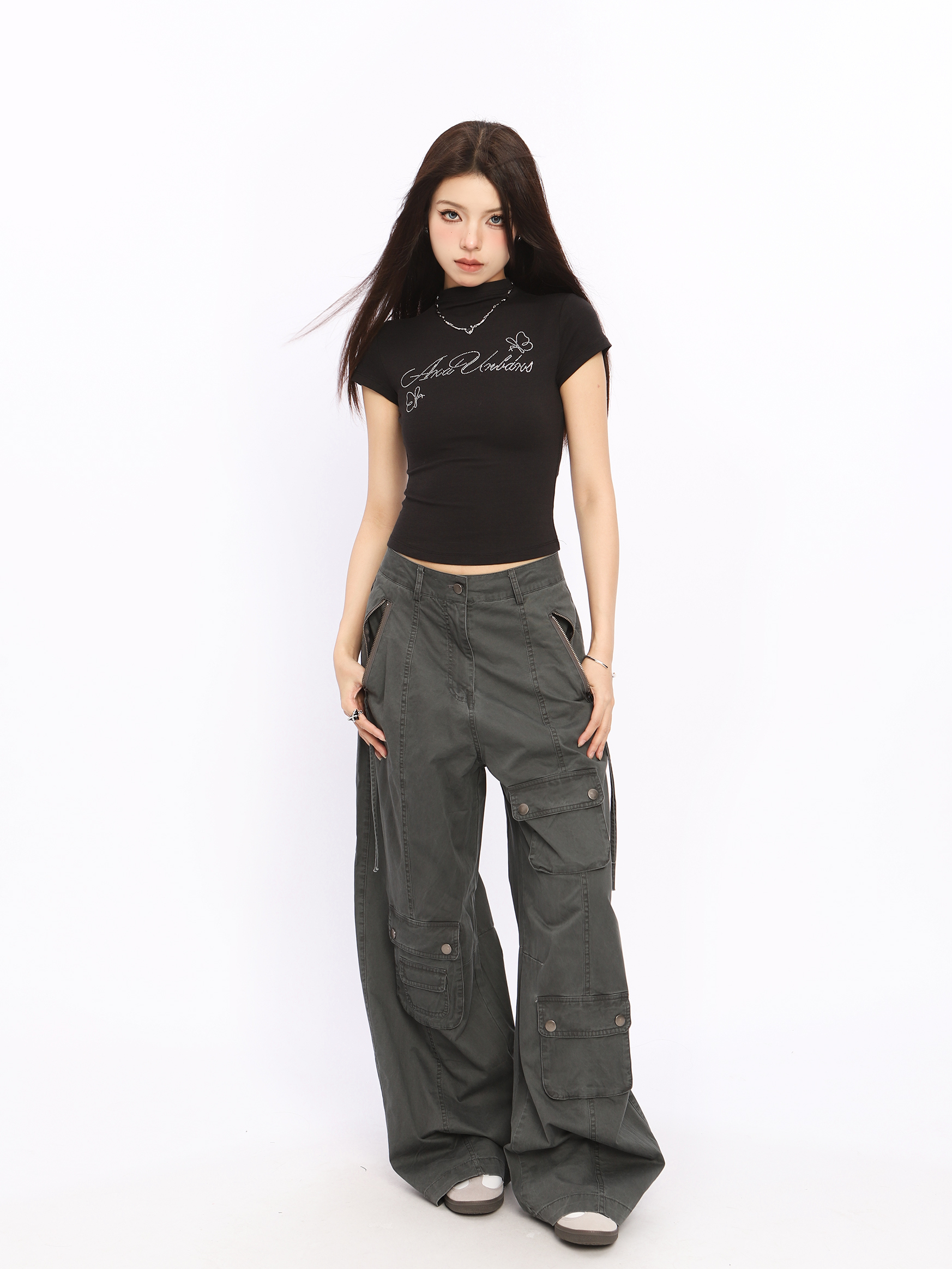 Trendy Rhinestone Letter Half-High Collar Short Sleeve T-Shirt for Women - Summer Slim Fit American Style Top Trendy Rhinestone Letter Half-High Collar Short Sleeve T-Shirt for Women - Summer Slim Fit American Style Top