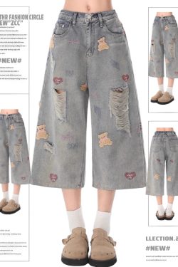 Trendy Ripped Denim Cropped Pants with Bear Embroidery for Women - Retro Loose Fit Summer Style 2025