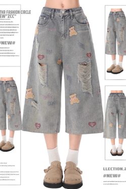 Trendy Ripped Denim Cropped Pants with Bear Embroidery for Women - Retro Loose Fit Summer Style 2025