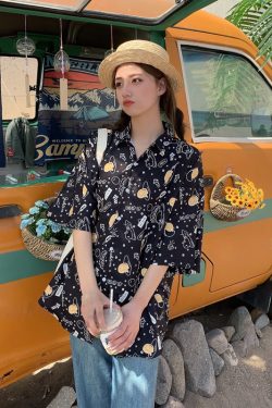 Trendy Short Sleeve Floral Shirt for Women - Hawaiian Beach Style Loose Blouse, 2025 Fashion, Perfect for Summer and Y2K Vibes