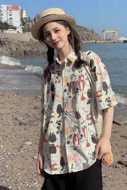 Trendy Short Sleeve Floral Shirt for Women - Hawaiian Beach Style Loose Blouse, 2025 Fashion, Perfect for Summer and Y2K Vibes