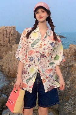 Trendy Short Sleeve Floral Shirt for Women - Hawaiian Beach Style Loose Blouse, 2025 Fashion, Perfect for Summer and Y2K Vibes
