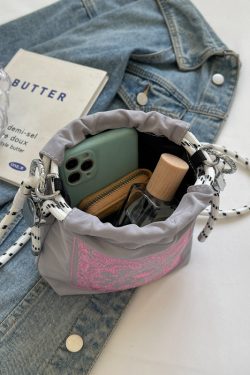 Trendy Summer 2025 Embroidered Khaki Bucket Bag for Women, Nylon Crossbody Phone Bag, Y2K Style