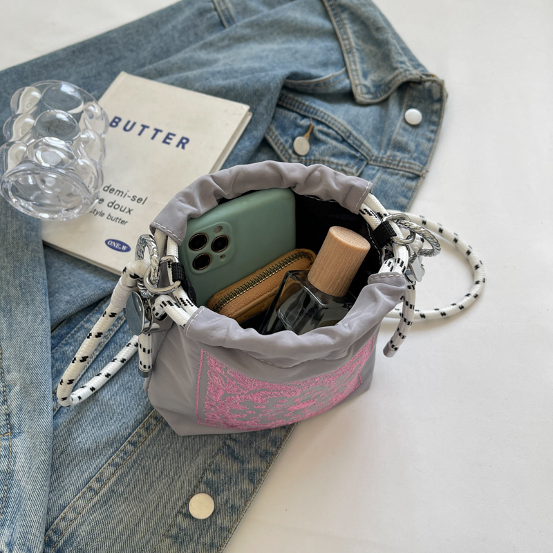 Trendy Summer 2025 Embroidered Khaki Bucket Bag for Women, Nylon Crossbody Phone Bag, Y2K Style Trendy Summer 2025 Embroidered Khaki Bucket Bag for Women, Nylon Crossbody Phone Bag, Y2K Style