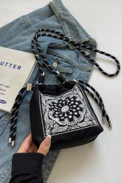 Trendy Summer 2025 Embroidered Khaki Bucket Bag for Women, Nylon Crossbody Phone Bag, Y2K Style