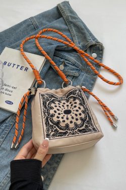 Trendy Summer 2025 Embroidered Khaki Bucket Bag for Women, Nylon Crossbody Phone Bag, Y2K Style