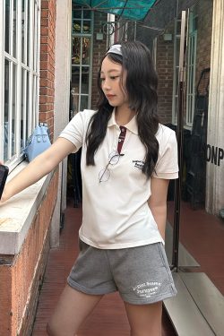 Trendy Women's Polo Shirt with Slogan Letter Embroidery and Plaid Splicing - Summer Fashion Essential for Casual Style