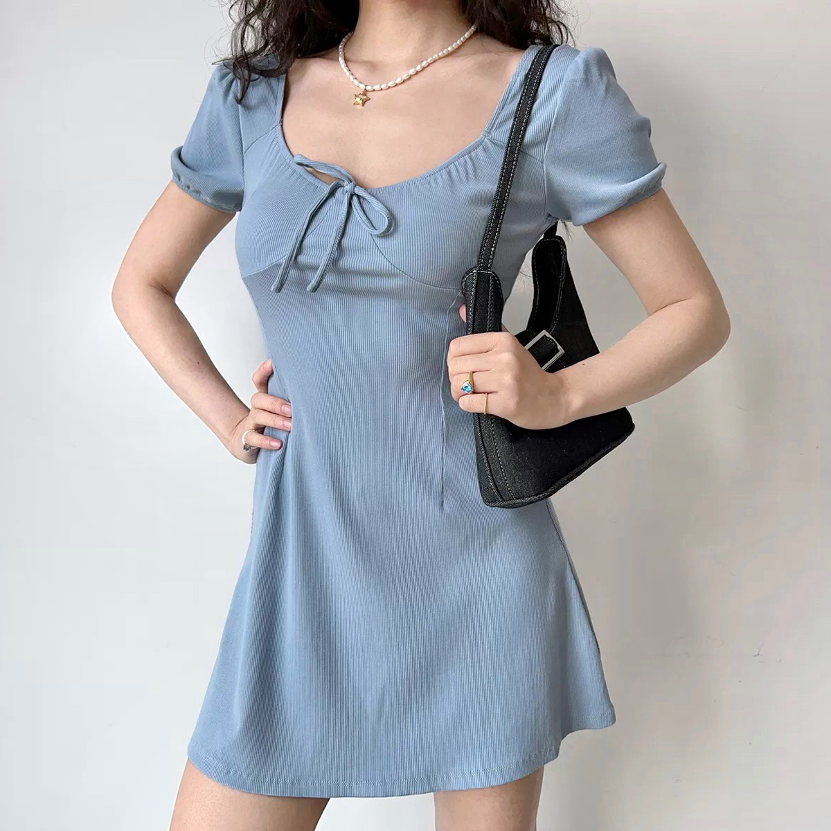 U-neck Puff Sleeve Bow Short Sleeve Dress - Slim A-line Skirt, European American Style, Trendy Women's Fashion, Perfect for Y2K Looks U-neck Puff Sleeve Bow Short Sleeve Dress - Slim A-line Skirt, European American Style, Trendy Women's Fashion, Perfect for Y2K Looks