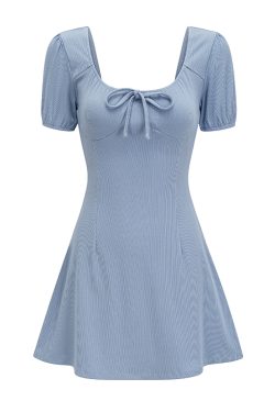 U-neck Puff Sleeve Bow Short Sleeve Dress - Slim A-line Skirt, European American Style, Trendy Women's Fashion, Perfect for Y2K Looks