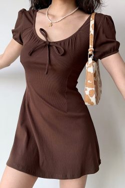 U-neck Puff Sleeve Bow Short Sleeve Dress - Slim A-line Skirt, European American Style, Trendy Women's Fashion, Perfect for Y2K Looks