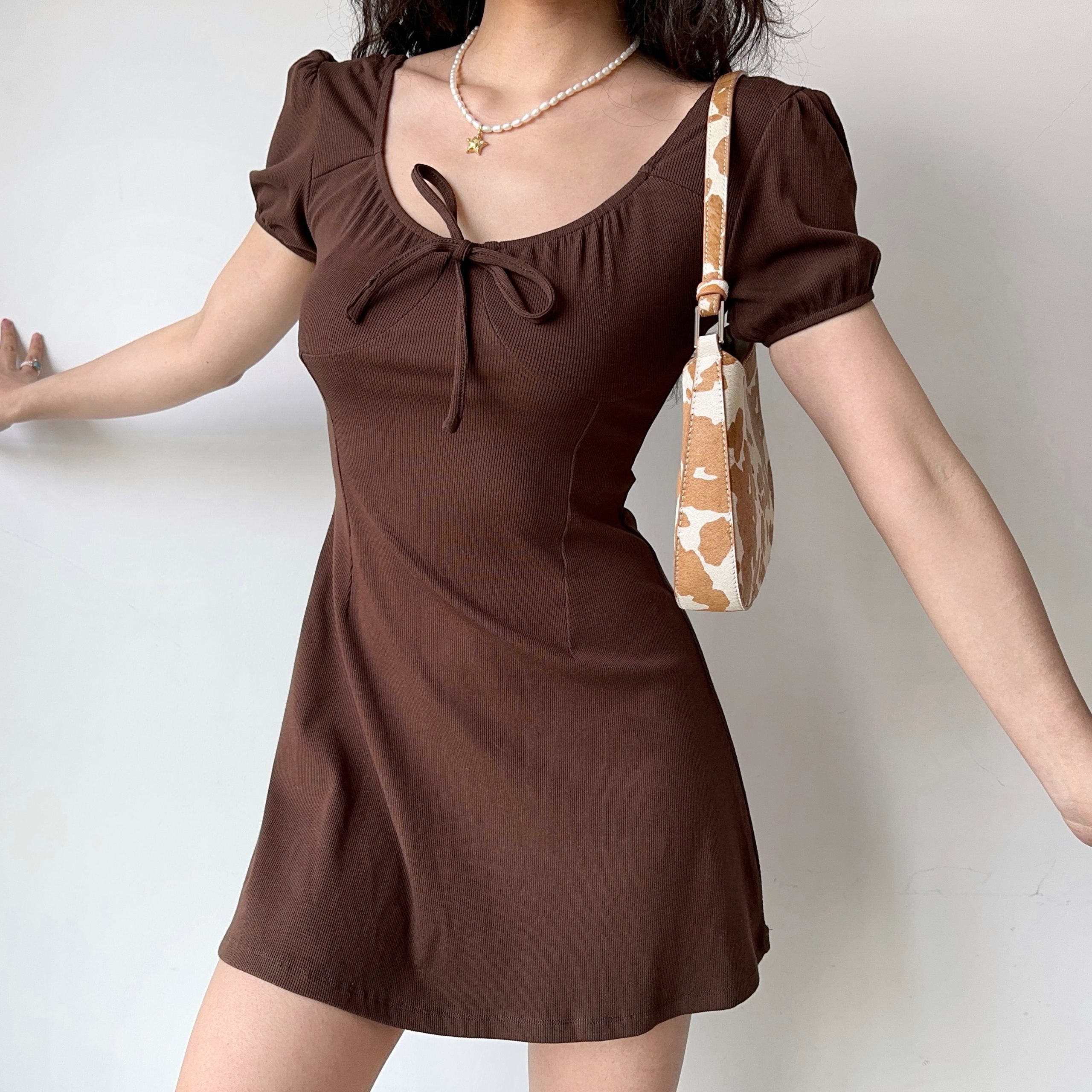 U-neck Puff Sleeve Bow Short Sleeve Dress - Slim A-line Skirt, European American Style, Trendy Women's Fashion, Perfect for Y2K Looks U-neck Puff Sleeve Bow Short Sleeve Dress - Slim A-line Skirt, European American Style, Trendy Women's Fashion, Perfect for Y2K Looks