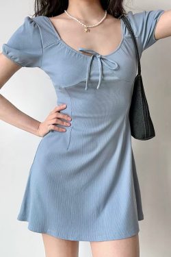 U-neck Puff Sleeve Bow Short Sleeve Dress - Slim A-line Skirt, European American Style, Trendy Women's Fashion, Perfect for Y2K Looks