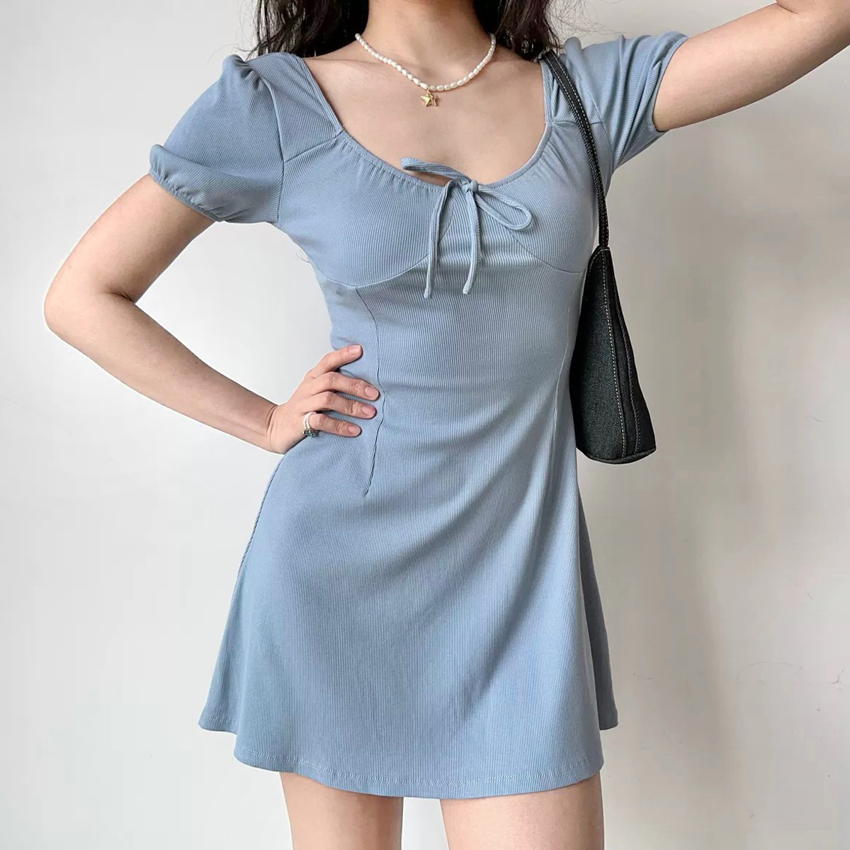 U-neck Puff Sleeve Bow Short Sleeve Dress - Slim A-line Skirt, European American Style, Trendy Women's Fashion, Perfect for Y2K Looks U-neck Puff Sleeve Bow Short Sleeve Dress - Slim A-line Skirt, European American Style, Trendy Women's Fashion, Perfect for Y2K Looks