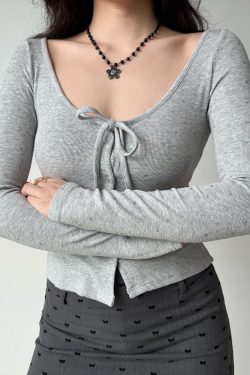 U-Neck Tie Bow Rhinestone Long Sleeve Cardigan T-Shirt - Women's European American Style, Casual Chic Top for Effortless Y2K Fashion