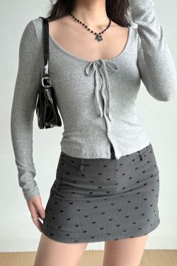 U-Neck Tie Bow Rhinestone Long Sleeve Cardigan T-Shirt - Women's European American Style, Casual Chic Top for Effortless Y2K Fashion