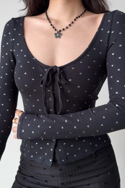 U-Neck Tie Bow Rhinestone Long Sleeve Cardigan T-Shirt - Women's European American Style, Casual Chic Top for Effortless Y2K Fashion