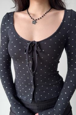 U-neck Tie Bow Rhinestone Long Sleeve Cardigan T-shirt in European American Style for Women - Trendy Y2K Fashion Top
