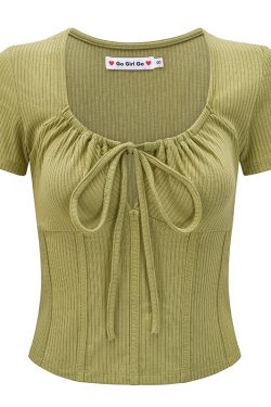 U-Neck Tie Short Sleeve T-Shirt for Women - Fishbone Waist-Cinching Slim Fit - Trendy European American Style