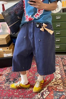 Unisex American Retro Deconstructed Wide-Leg Denim Capri Pants - Summer Loose Casual Versatile Shorts for 90s Style