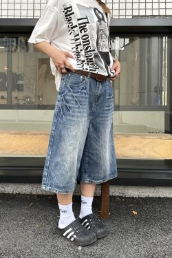 Unisex American Retro Washed Lightning Pattern Loose Fit Seven-Point Denim Shorts - Streetwear Summer Style