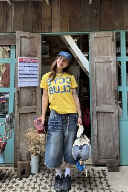 Unisex American-Style Diamond-Inlaid Bamboo Joint Denim Capris - Summer Loose Wide-Leg Shorts for Men and Women